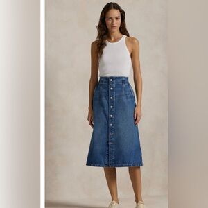 Polo Ralph Lauren Women’s Button Front Blue A Line Denim Midi Skirt Size 31 New